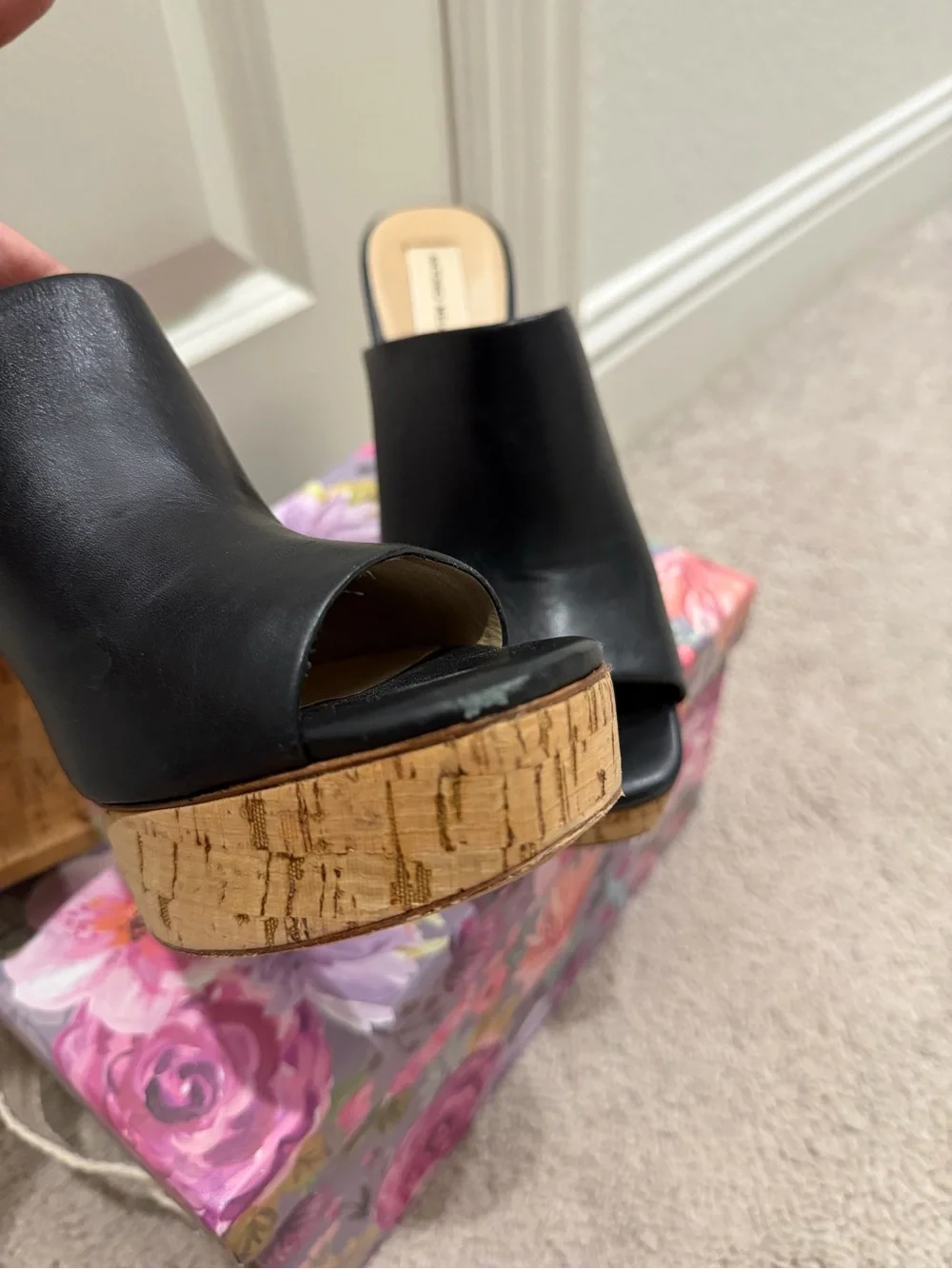 ANTONIO MELANI Black Leather Cork Platform Mule Slides